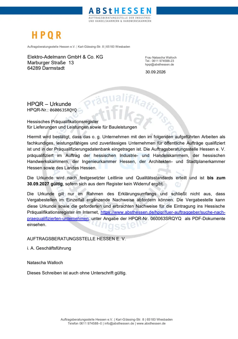 HPQR-Zertifikat der ABSt Hessen für Elektro-Adelmann, gültig bis 30.09.2027