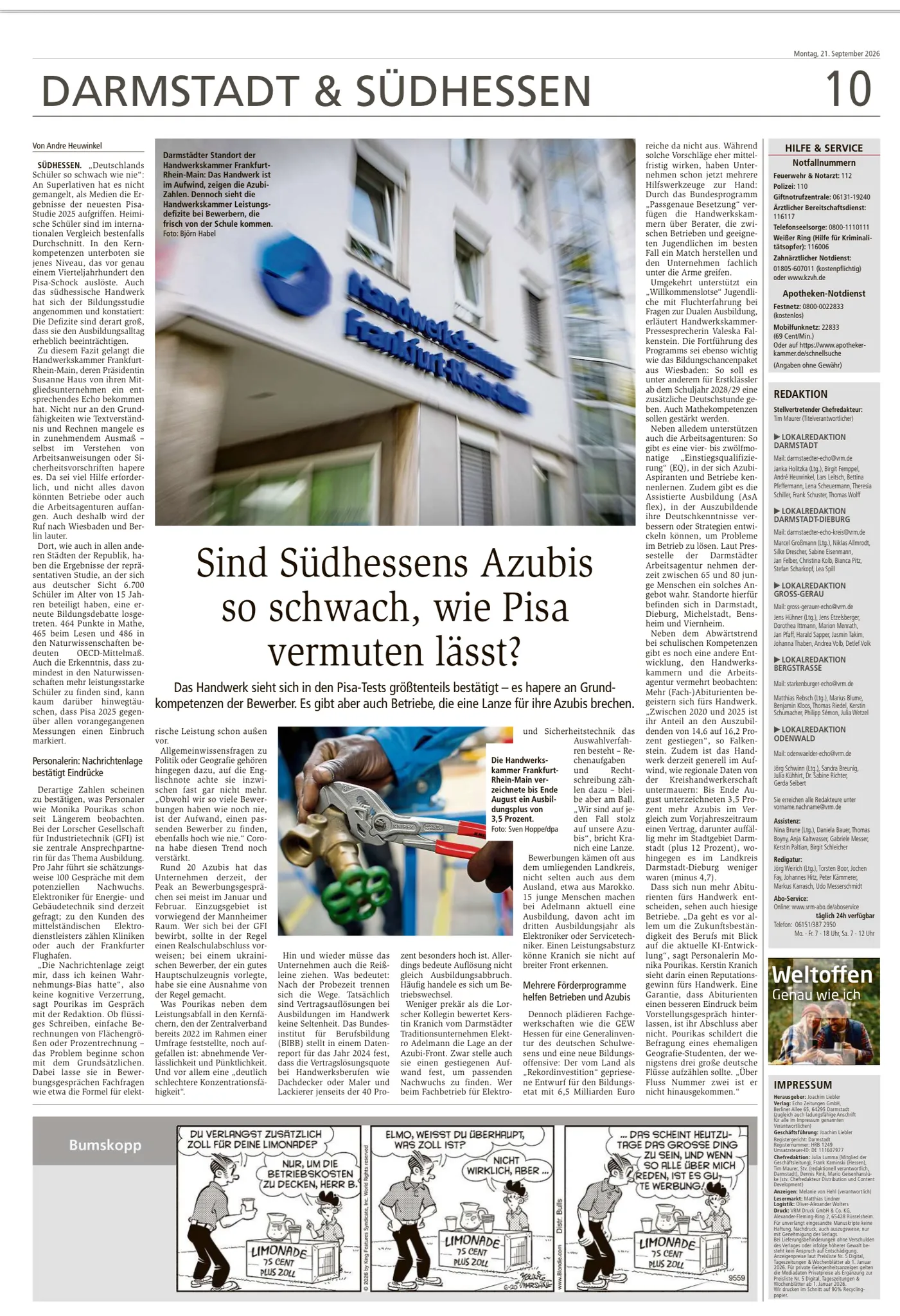 Vollständige Zeitungsseite 10 aus Darmstadt & Südhessen vom 21. September 2026 mit dem Beitrag zur Ausbildungsreife im Handwerk